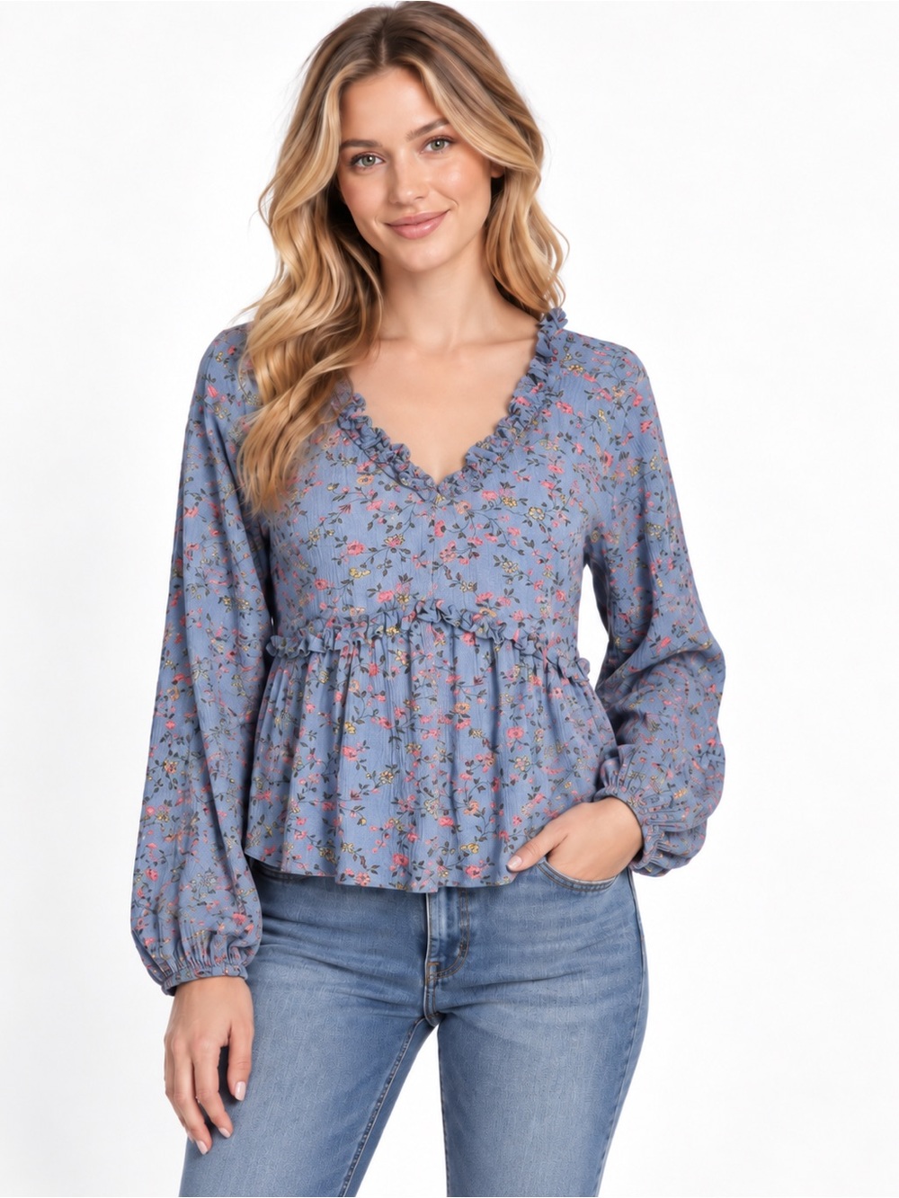 Womens S Blue Floral Ruffle Peplum Blouse Cottagecore Prairie Boho Rayon Peasant
